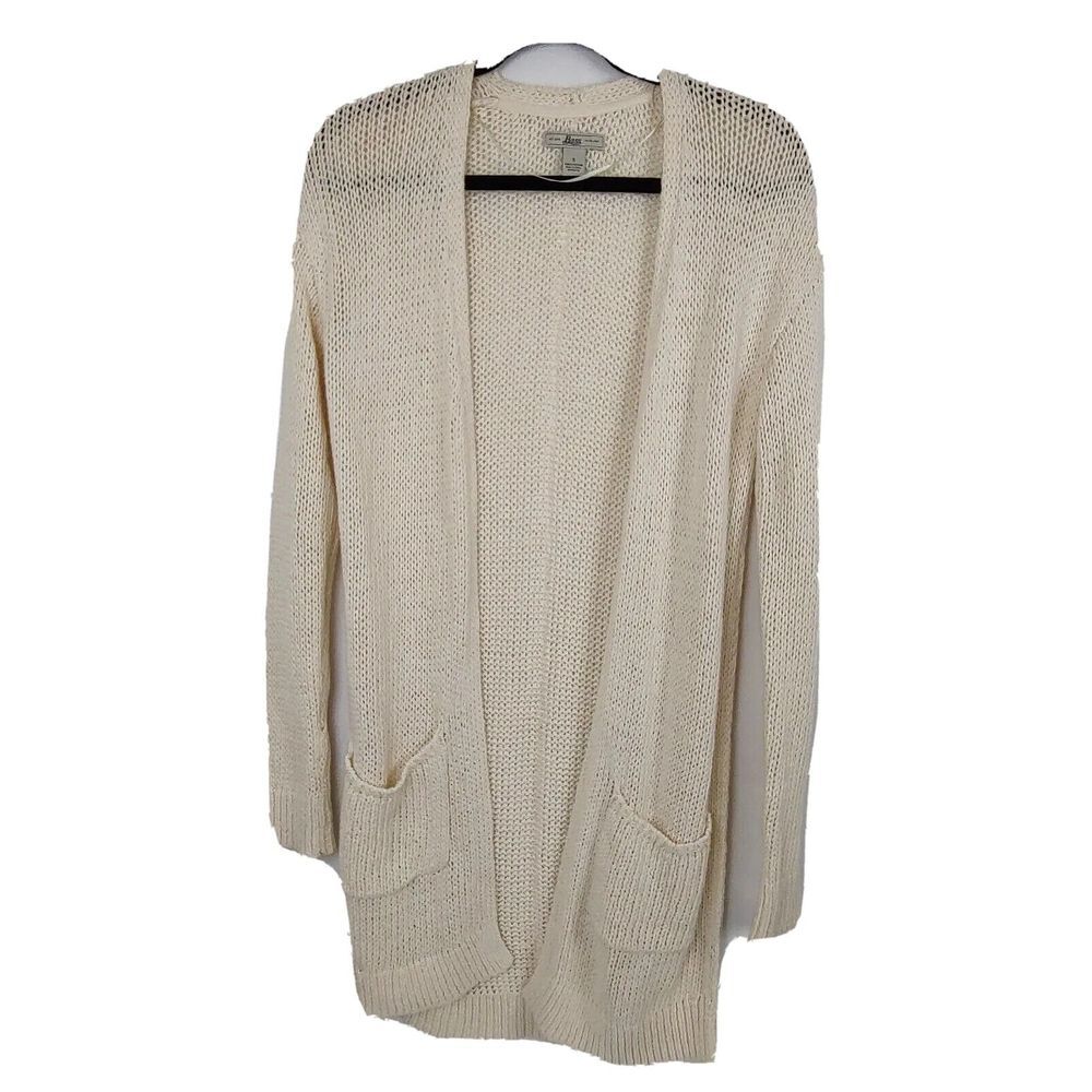 Bass Maine USA Cream Open Front Cotton Knit Cardigan Sweater Pockets S Costal
